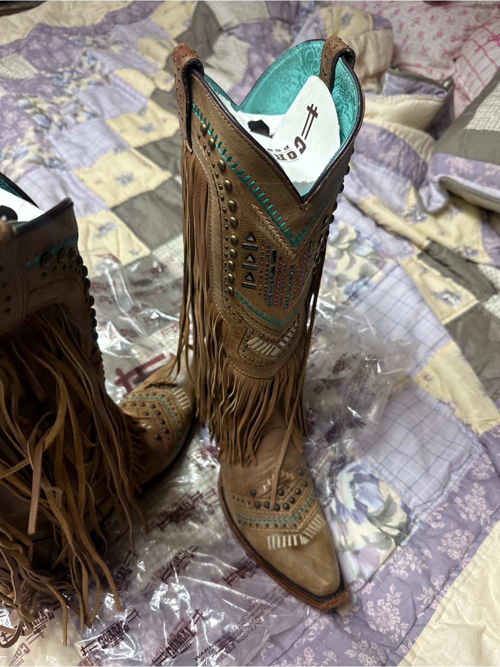 Corral Brown Leather Fringe Cowboy Boots with Turquoise Accents - Picture 6 of 10